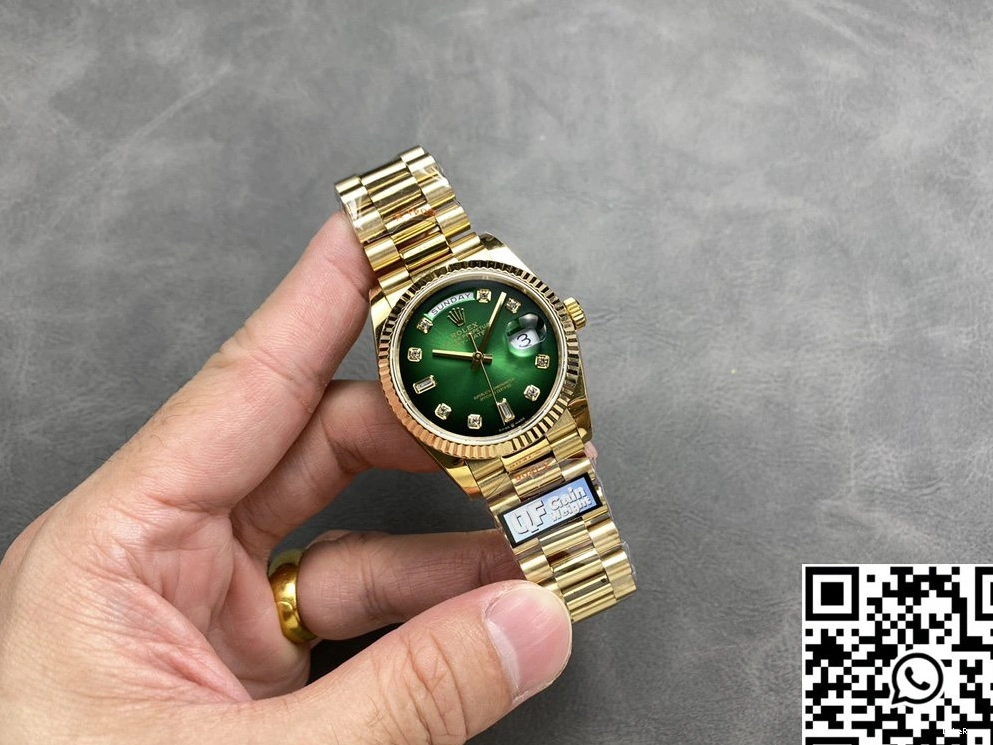 Date Yellow Green Dial Tungsten Gold Factory M128238-0069 Rolex QF Day 36mm Steel v5 0427